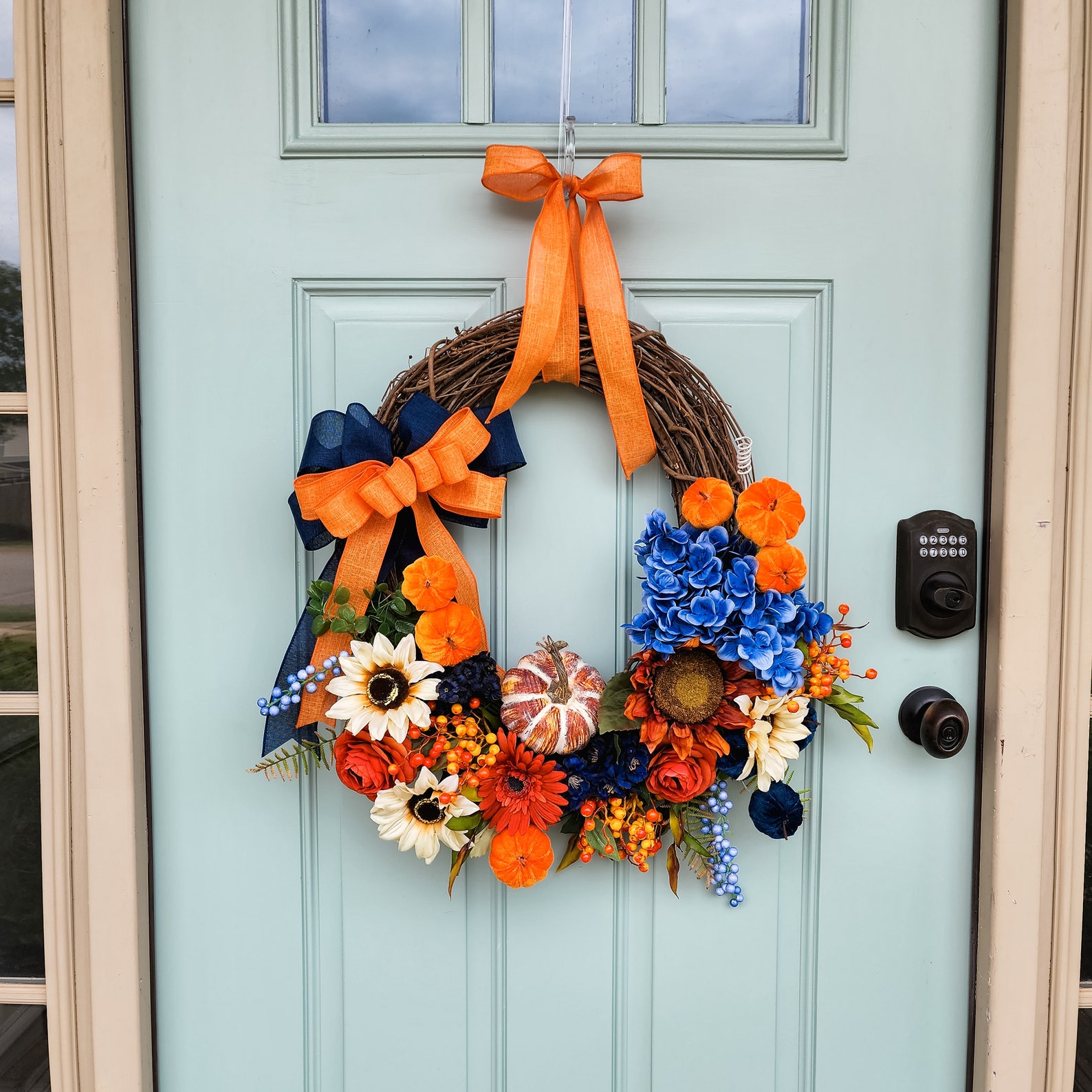 Navy Blue and Orange Wreaths for Front Door With Velvet Pumpkins and ...