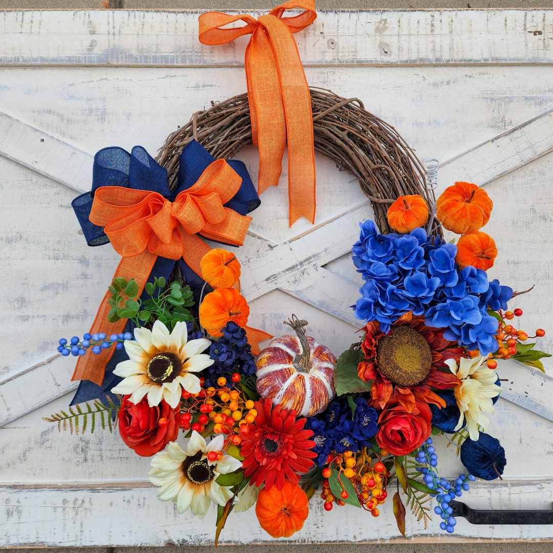 Navy Blue and Orange Wreaths for Front Door With Velvet Pumpkins and ...