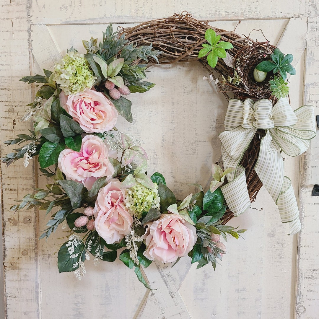 Cottage Style Wreath, Shabby Chic Wreath With Roses, Wreath for Shed ...