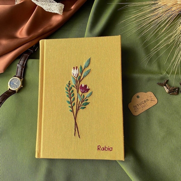 Yellow Lily Embroidered Notebook, Handmade Fabric Notebook, Custom diary, Hard Cover Journal, Personalized Notebook, Handmade Fabric Journal