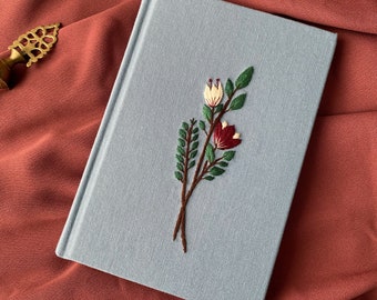 Handgemaakt linnen notitieboek | Geborduurd bloemendagboek, gepersonaliseerd cadeau