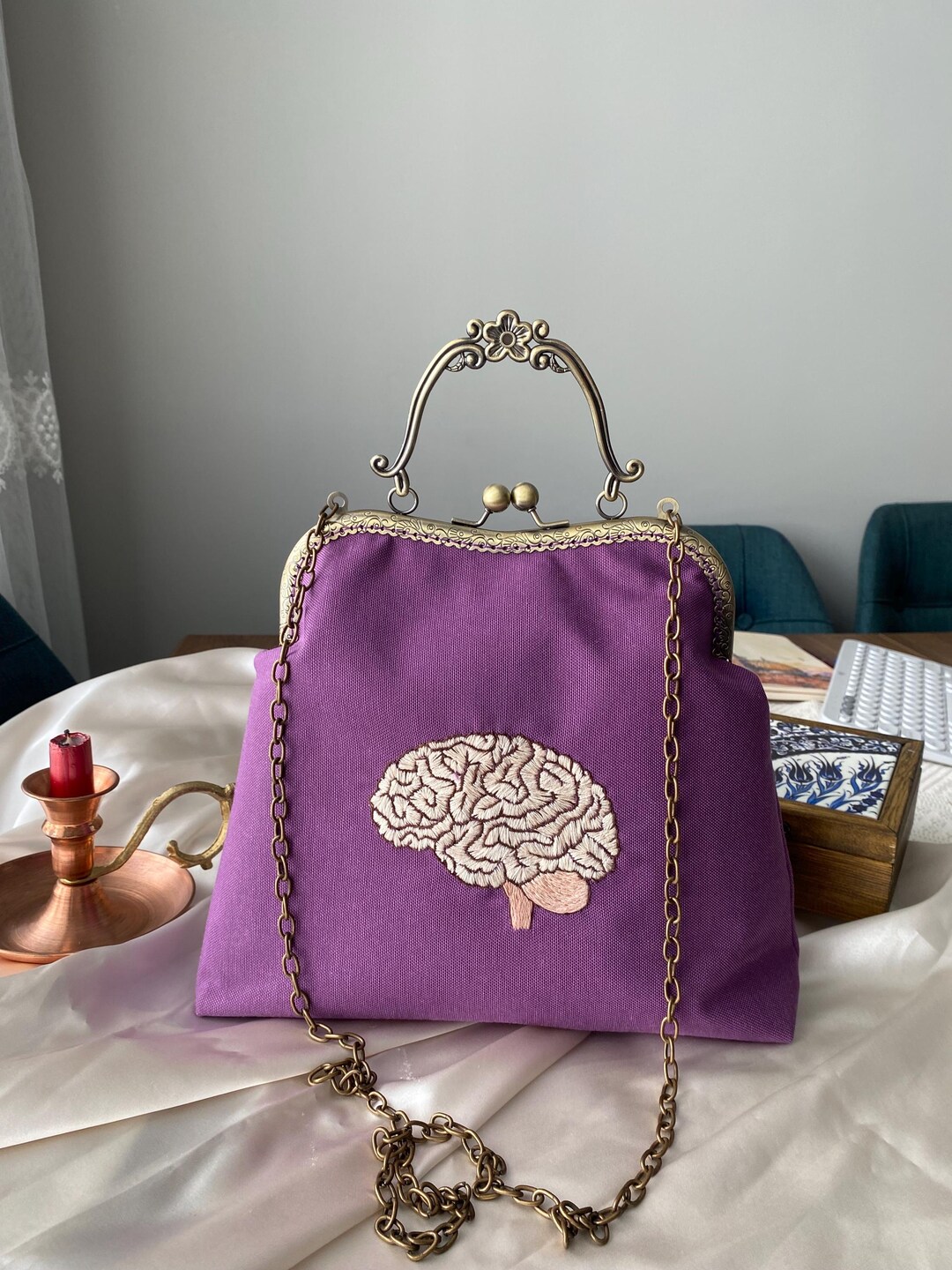 Handmade Purple Embroidered Brain Bag: Chain Strap Crossbody