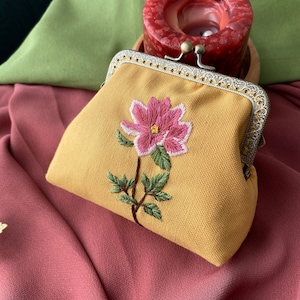 Hand Embroidered Change Purse, Peony Flower Wallet, Handmade Floral Small Bag, Embroidered Small Yellow Bag, Retro Clip, Gift for Sister
