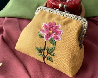 Change Purse, Peony Flower wallet/ Handmade Floral Embroidered Small Bag - Embroidered Small Pink Velvet Bag-