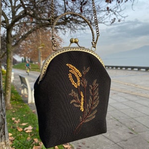 Black Mimosa Embroidered Bag, Handbags With Chain Straps, Valentine Gift, Shoulder Bags, Handmade Crossbody Bag, Personalized embroidery bag