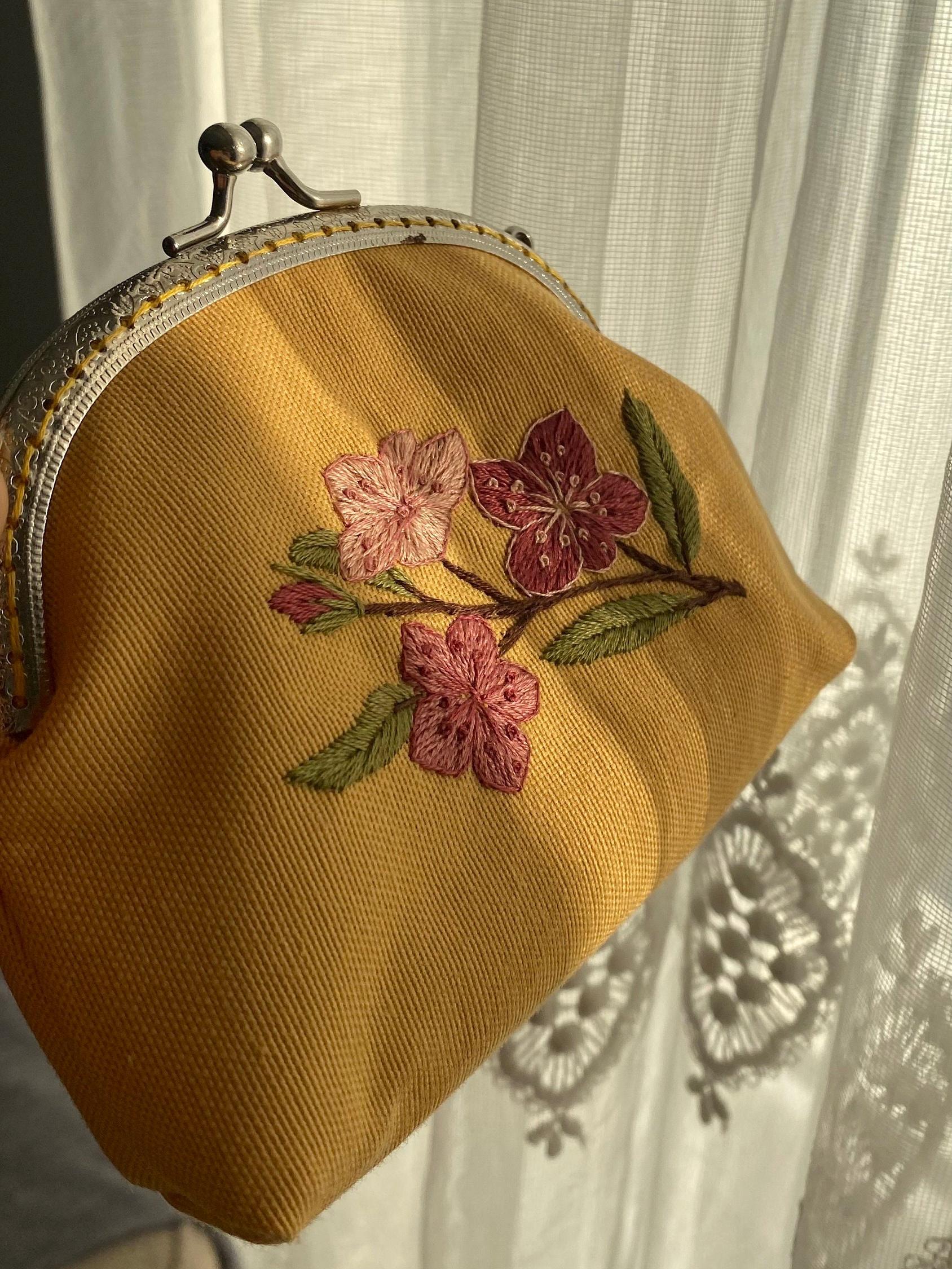 Handmade Embroidered Floral Coin Purse: Victorian Kiss Lock Wallet