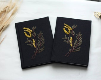 Stylish Handmade Black Mimosa Notebook,Perfect Bullet Journal, Special Diary, or Travel Journal, Floral Design, Great Gift for a Best Friend