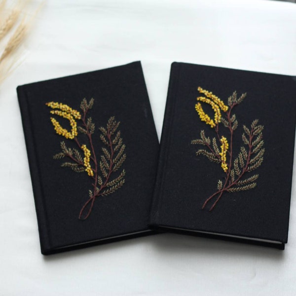 Stylish Handmade Black Mimosa Notebook,Perfect Bullet Journal, Special Diary, or Travel Journal, Floral Design, Great Gift for a Best Friend