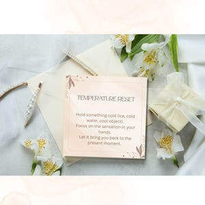 May include: A square card with the text "TEMPERATURE RESET" and instructions for mindfulness. The card is surrounded by white flowers, a gift box, and hair accessories. The card's color is a light peach.