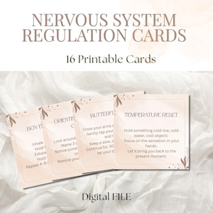 May include: A set of 16 printable cards for nervous system regulation. The cards have a beige background with brown floral accents and include instructions for various techniques. The words "Nervous System Regulation Cards" and "Digital File" are also visible.