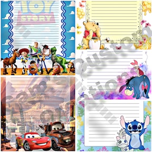 Puede incluir: Una colección de seis hojas de papel de carta con varios personajes animados. Los diseños incluyen personajes de Toy Story, Winnie the Pooh con miel, Igor y Piglet, Rayo McQueen y Mate, y Stitch con una muñeca, todos con áreas de escritura rayadas.