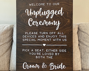 Unplugged Ceremony & Pick a Seat Sign | Rustic Wooden Wedding Decor | Custom Dark Wood Choose a Seat