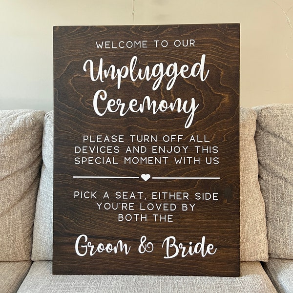 Unplugged Ceremony & Pick a Seat Sign | Rustic Wooden Wedding Decor | Custom Dark Wood Choose a Seat