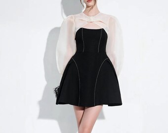 Saigonese  Damia Short Dress Mix Ozganza Long-sleeved A-shaped waist