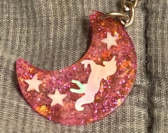 Pink Magenta Glitter & Gold Flake UV Resin Crescent Moon Keychain - Holographic Unicorn and 3 Glow in the Dark Stars
