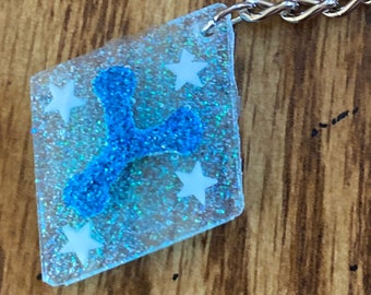 Blue Y Diamond UV Resin Keychain, Glow in the Dark Stars, Baby Blue Glitter, Personalized Initial Charm, Custom Gift