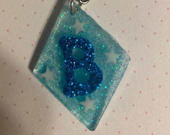 Blue B Diamond UV Resin Keychain, Glow in the Dark Stars, Baby Blue Glitter, Personalized Initial Charm, Custom Gift