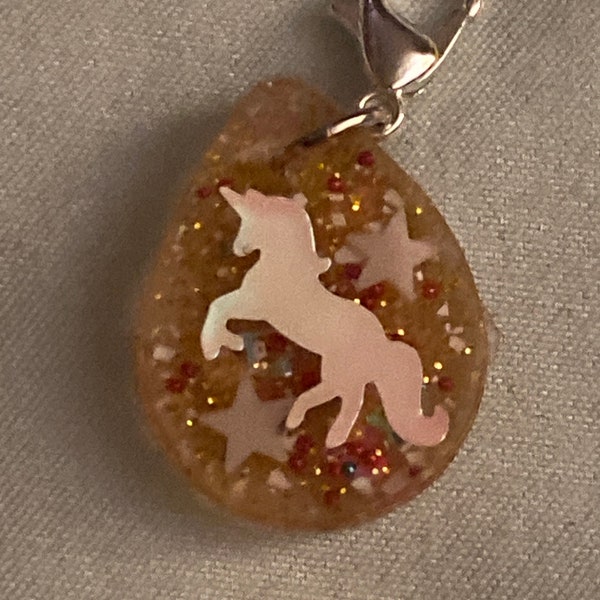 Gold Teardrop UV Resin Pendant with Glow Stars and Holo Unicorn - Magical Accessories