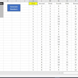 May include: A spreadsheet with a yellow highlighted section and a blue button labeled "Generate Numbers". The spreadsheet is titled "All Combination Lotto Generator" and has columns labeled "First", "Second", "Third", "Fourth", "Fifth", "Bonus", and "# Possibilities".