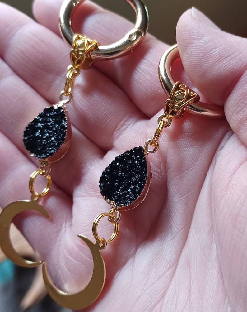 Celestial Moon Boot Charms, Gold Brass, Druzy Stone, Fairycore Shoe Accessories, Set of 2 Black Druzy Stone