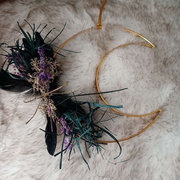 Moon Gold Crow Feather Wreath- crescent hoop wreath with black feathers, dried flowers, green raffia, moss and natural twine, all season