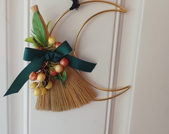 Besom Broom Crescent Moon Wreath, Autumn Fall Door Decor