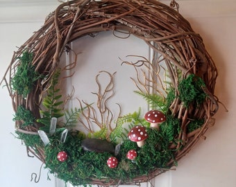 Mushroom Toadstool Wreath, Mossy Grapevine, Gold Crystals, Cottagecore Decor