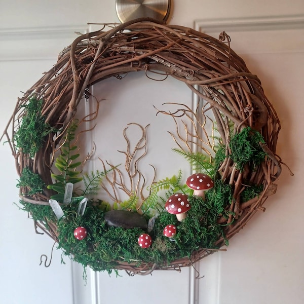 Mushroom Toadstool Large, mossy grapevine wreath with gold and crystals, with moss and ferns, forest woodland woods, goblincore, cottagecore