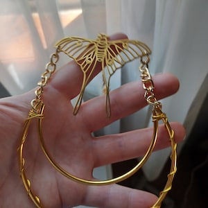 Luna Moth Gold Suncatcher, sturdy metal celestial crescent moon and moth butterfly dreamcatcher, wire wrapped and authentic amythest stones