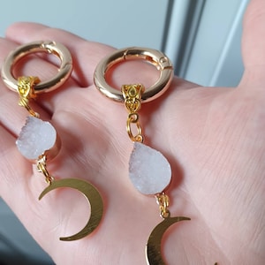 Celestial Moon Boot Charms, Gold Brass, Druzy Stone, Fairycore Shoe Accessories, Set of 2 White Druzy Stone