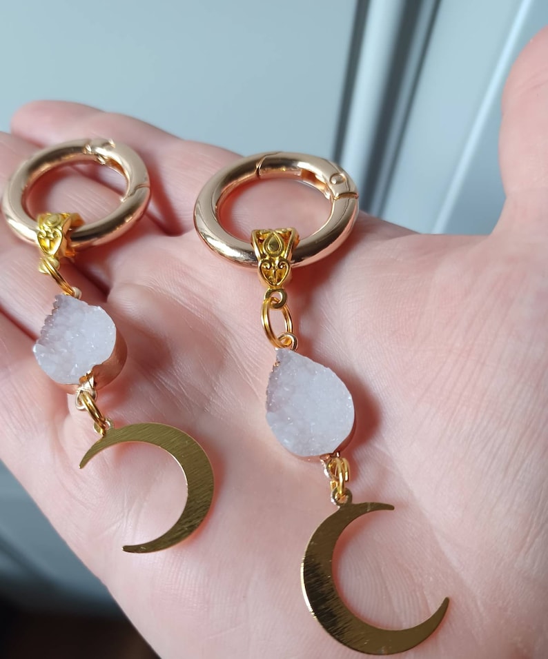 Celestial Moon Boot Charms, Gold Brass, Druzy Stone, Fairycore Shoe Accessories, Set of 2 White Druzy Stone