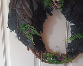 Crow Wings Wreath, Moss, Quartz, Purple Dried Flowers, Handmade