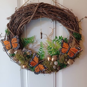 Butterfly Wreath, nature forest large moss cottagecore monarch amethyst, semiprecious stones gold ferns, large front door summer all season