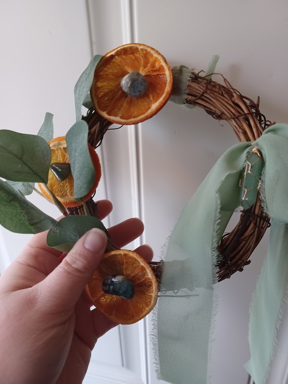Orange Slice Winter Mini Wreaths, eucalyptus leaf greenery faux artificial, bow ribbon hygge crystal simple classic vintage witchy fairy
