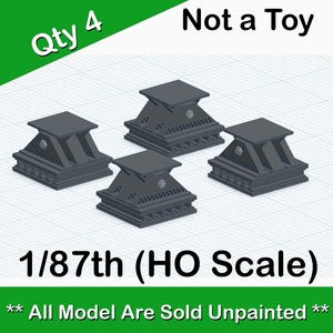 Puede incluir: Cuatro soportes de plataforma de tren modelo de plástico gris sin pintar a escala HO. El texto de la imagen dice "Qty 4", "Not a Toy" y "1/87th (HO Scale)". El texto también dice "** All Model Are Sold Unpainted **".