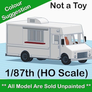 Puede incluir: Un camión de comida modelo blanco a escala 1/87, también conocido como escala HO. El camión tiene una ventana y un mostrador. El texto "Not a Toy" y "All Model Are Sold Unpainted" es visible en la imagen.