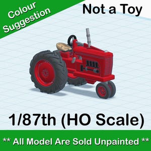 May include: A red 1/87th scale model of a tractor, unpainted, for model building. The text "Not a Toy" and "All Model Are Sold Unpainted" is visible in the image.