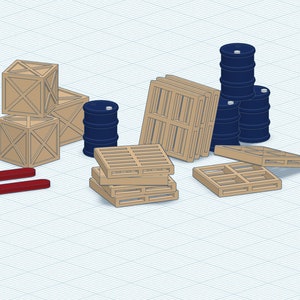 May include: A red pallet jack, four wooden crates stacked on top of each other, three stacks of wooden pallets, and four blue barrels stacked on top of each other.