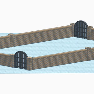May include: A 3D model of a rectangular brick wall enclosure with two arched gates. The gates are black and have a wooden texture. The wall is made of brown bricks.