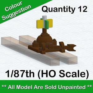 Könnte beinhalten: Ein braunes Modellbahnsignal mit einem gelben und grünen Licht oben. Das Signal befindet sich auf einem Paar Holzschienen. Der Text "Quantity 12" und "1/87th (HO Scale)" ist sichtbar. Der Text "All Model Are Sold Unpainted" ist ebenfalls sichtbar.