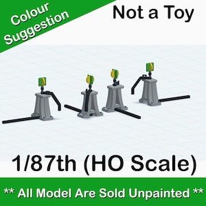 May include: Four unpainted model railway crossing gates in HO scale. The gates are made of grey plastic and have yellow and green details. The text "Not a Toy" and "1/87th (HO Scale)" is visible in the image. The text "All Model Are Sold Unpainted" is also visible.