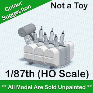 Pode incluir: Um modelo de um transformador elétrico cinza na escala 1/87, também conhecido como escala HO. O modelo não está pintado e tem um aviso que diz "Not a Toy".