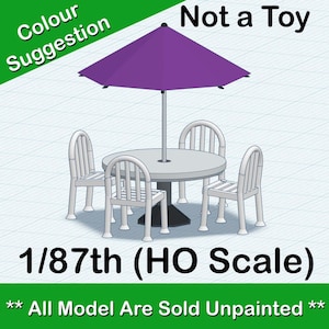 May include: A purple umbrella with a white table and four white chairs. The table and chairs are 1/87th scale, also known as HO scale. The text "Not a Toy" and "All Model Are Sold Unpainted" is printed on the image.