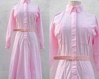 Vintage 80s Pastel Pink Collared Cotton Shirt Dress Long Sleeves Trumpet Skirt Breast Pocket Matching Belt