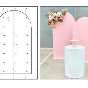 May include: Two pink arch backdrops with a white round cake stand and a white round pedestal on a concrete surface. The text "Digital templates to print at home" and "It So Cute" is visible in the image.