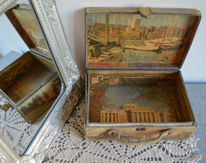 Vintage Card Box 1950s, Old Box Handmade Using Paper Greeting Cards, Postcards, Retro Trinket