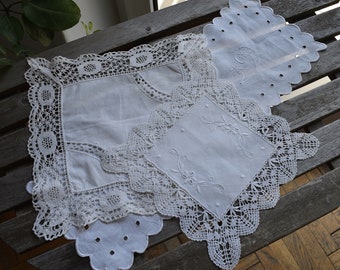 Vintage Cotton Napkins, 3 napkins set in white cotton with lace trim, embroidery, cutwork
