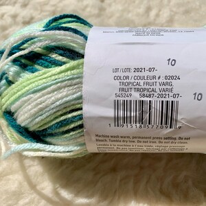 May include: A skein of yarn in a tropical fruit colorway. The yarn is white, green, and teal. The label reads "Tropical Fruit Varg. Fruit Tropical Vari&eacute;" and includes the lot number 2021-07- and color number 02024.