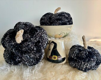 Velvet Pumpkin Set of 3: Black Plush Thanksgiving Decor