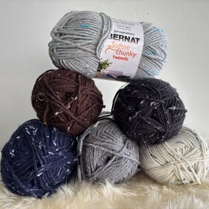Könnte beinhalten: Sechs Knäuel Wolle in verschiedenen Farben, darunter Braun, Grau, Weiß und Blau. Die Wolle ist im dicken Tweed-Stil. Das Etikett auf dem oberen Knäuel lautet "Bernat Softee Chunky Tweeds".